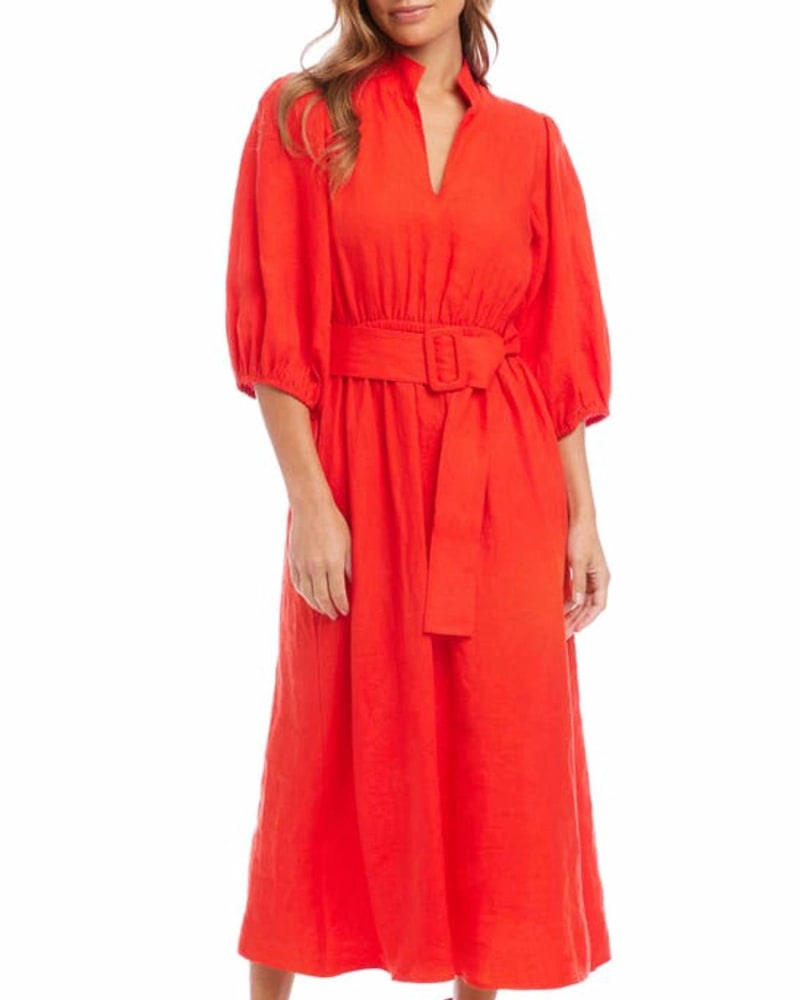 Front of a model wearing a size L Quinn Dress In Saffron in Saffron by Fifteen Twenty. | dia_product_style_image_id:358371
